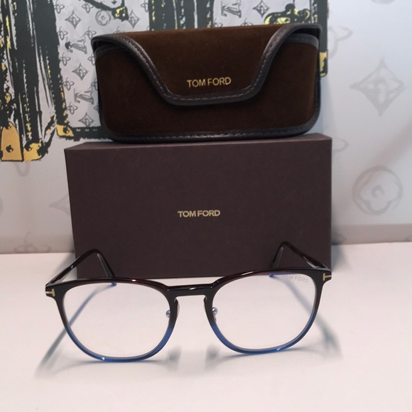 New Authentic Tom Ford TF5700-B 005 Black & Blue Round Eyeglasses - Picture 1 of 12